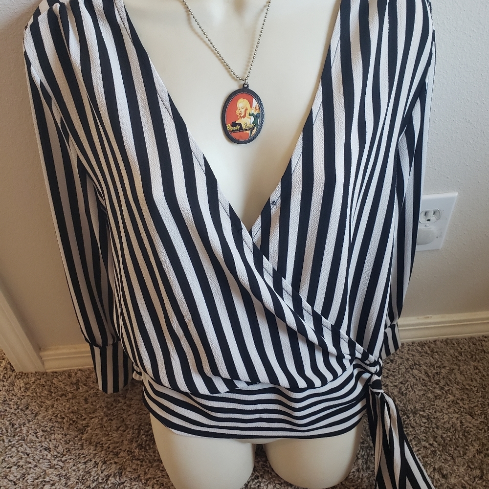 Pinstripe cropped tie blouse rocker punk